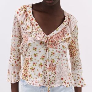 Zara cream white/red floral cherry ruffle v-neck blouse